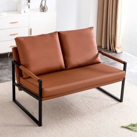 Modern Two-Seater Sofa Chair with 2 Pillows - PU Leather, High-Density Foam, Black Coated Metal Frame.Brown