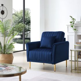 Velvet Accent Chair Round Arm Chair with Gold Legs, Upholstered Single Sofa for Living Room Bedroom, Navy Blue with 1 Throw Pillow