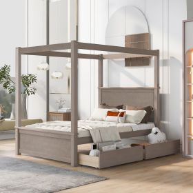 Chic Brushed Light Brown Wood Canopy Bed with Storage Drawers | Full Size Platform Bed with Sturdy Slats – No Box Spring Needed | Elegant & Durable