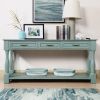 Retro Blue Long Wood Console Table with 3 Drawers & Bottom Shelf | Easy Assembly Extra-Thick Entryway Table