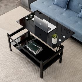 Sleek Glass Lift Top Coffee Table | Modern Black 2-Layer Design | Tempered Glass Elegance for Living Room