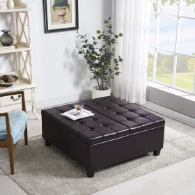 Elegant Dark Brown Faux Leather Ottoman | Large Square Storage Coffee Table for Living Room & Bedroom