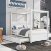 Elegant Full Size Wood Canopy Bed with Trundle | Sleek Brushed White Platform Bed, No Box Spring Required, Support Slats Included