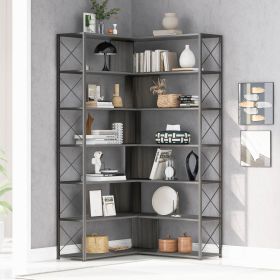 Silver+Grey 7-Tier Bookcase Home Office Bookshelf, L-Shaped Corner Bookcase with Metal Frame, Industrial Style Shelf with Open Storage, MDF Board