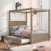 Wood Canopy Bed with Trundle Bed ,Full Size Canopy Platform bed With Support Slats .No Box Spring Needed, Brushed Light Brown