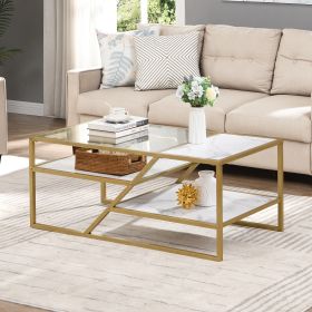 Golden Coffee Table with Storage Shelf;  Tempered Glass Coffee Table with Metal Frame for Living Room&Bedroom