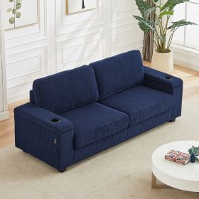 ULTIMATE 86.5" BLUE CORDUROY SOFA COUCH | DEEP SEAT 3-SEATER WITH DUAL STORAGE, T-PYCE & USB CHARGING, 2 CUP HOLDERS