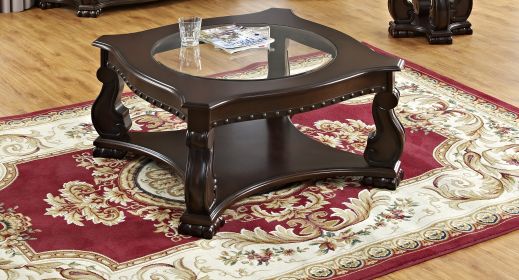 Glass Top Coffee Table Brown Base Lower Display Shelf Ornate and Sweeping Legs 1pc Formal Luxury Coffee Table