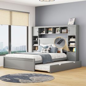 Versatile Queen Size Gray Wooden Bed w/ All-in-One Cabinet, Shelves & USB Sockets | Twin XL Trundle Storage