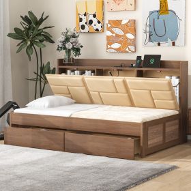 Chic Twin Wood Daybed with Upholstered Storage, USB Ports & Drawers - Elegant Wood Finish