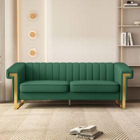 Elegant Green PU Sofa with Gold Accents | Luxe Channel-Tufted 3-Seat Couch for Living Room & Office Decor