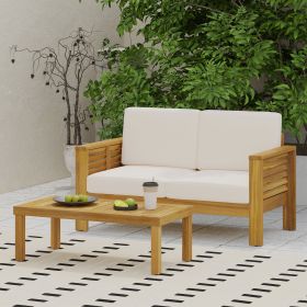 Teak Acacia Wood Loveseat and Coffee Table Set with Cream Cushions