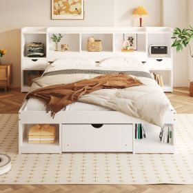 Charming Queen Size White Wood Platform Bed | Multi-Storage Headboard & Drawer | Stylish & Functional