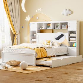 QUEEN SIZE WHITE WOODEN BED WITH CABINET, SHELF & SOCKETS | TWIN XL TRUNDLE INCLUDED