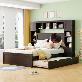 Elegant Queen Size Wooden Bed with All-in-One Cabinet, Shelf & Sockets | Twin XL Trundle | Rich Espresso Finish