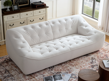 WKS10W White sofa with removable pillows, durable fabric, solid wood frame, high density sponge filler