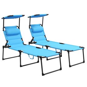 Outsunny 2 Pcs Outdoor Lounge Chair, Adjustable Backrest Folding Chaise Lounge, Cushioned Tanning Chair w/Sunshade Roof & Pillow Headrest for Beach