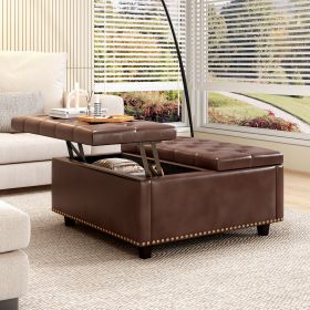 Luxurious Mid-Century Modern Coffee Table & Storage Stool | Large Square Footstool with Nailhead Inlay & Dual Storage Doors | Brown PU Leather Accent