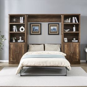 Stylish Full Size Murphy Wall Bed with Side Storage Cabinets – Space-Saving Brown Bed for Any Room