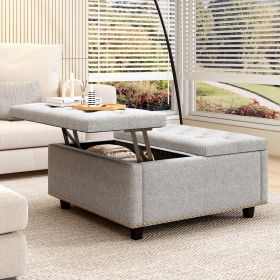 Mid-Century Modern Large Square Storage Bench – Light Grey Footstool with Nailhead Inlay & Dual Storage Doors | Stylish Coffee Table for Living Room