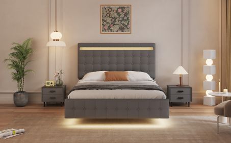 Floating Bed Frame Queen Size with LED Lights, Upholstered Headboard and Footboard Platform Bed, Wood Slats Support Easy Assembly