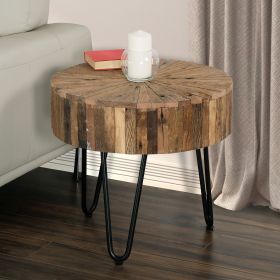 Contemporary 22 in. Round Reclaimed Wood Accent End Table, Iron Hairpin Legs, Living Room Side Table, Brown and Black