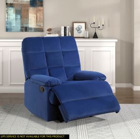 Reclining Chair Blue Velvet Upholstery Square Tufted Back Pillowtop Arms Solid Wood Furniture Modern Living Room Recliner 1pc