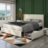 Luxurious Anna Queen Size Ivory Velvet Wingback Bed with Exclusive 4-Drawer Storage | Elegant Upholstered Platform Design