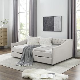 Full Size Daybed with Drawers Upholstered Tufted Sofa Bed, with Button on Back and Copper Nail on Waved Shape Arms, Beige (80.5''x55.5''x27.5'')