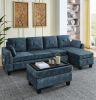 LUXURY NAVY BLUE VELVET 3-SEATER SECTIONAL SOFA WITH MULTI-FUNCTIONAL FOOTSTOOL & STORAGE