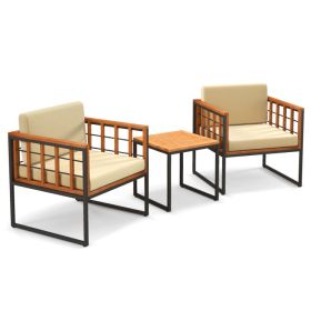 3 Pieces Patio Chair Set Acacia Wood Outdoor Sofa Set with Soft Cushions