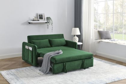 55" Luxe Green Velvet Convertible Sofa Bed – Modern Loveseat with Pull-Out Function, Adjustable Backrest & 2 Arm Pockets + Pillows