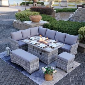 Luxurious 5-Piece Gray Wicker Outdoor Sofa Set with Fire Pit Table & Ottoman – Elegant Conversational Seating for Cozy Evenings