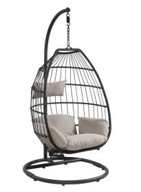 Hanging Chair with Stand; Beige Fabric & Black Wicker