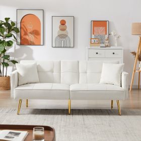 Luxurious Cream White Velvet Futon Sofa Bed with Elegant Gold Metal Legs | Stylish & Versatile Seating