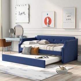 Modern Blue Upholstered Daybed with Trundle – Twin Sofa Bed & Wood Slat Support