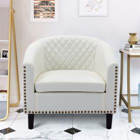 Chic White PU Leather Barrel Chair with Nailhead Trim & Solid Wood Legs | Perfect Living Room Accent Chair