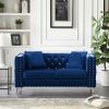 Glamorous 59.4" Blue Velvet Sofa | Jeweled Buttons | Chic Square Arms & 2 Plush Pillows