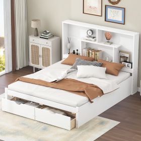 QUEEN PLATFORM BED WITH STORAGE - WHITE | 2 DRAWERS & SHELF HEADBOARD