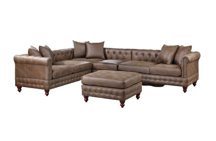 DARK COFFEE LEATHERETTE 4PC SECTIONAL SOFA SET – BREATHABLE TUFTED COUCH WITH REVERSIBLE LOVESEAT, CHAISE & OTTOMAN