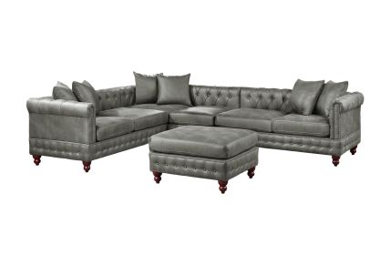 SLATE GREY LUXURY LEATHERETTE 4PC SECTIONAL SET | REVERSIBLE LOVESSEAT & OTTOMAN | TUFTED COMFORT