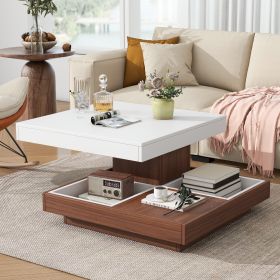 TRENDY 360° ROTATING WHITE SQUARE COFFEE TABLE – 2-TIER FARMHOUSE WOOD CENTERPIECE W/ DETACHABLE TRAYS & STORAGE