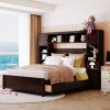 LUXURY FULL SIZE WOODEN BED W/ STORAGE SHELVES & CABINET - ESPRESSO FINISH | SPACE-SAVING DESIGN