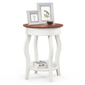 2-Tier Round End Table with Storage Shelf and Solid Rubber Wood Legs