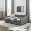 Luxurious Grey Tufted Daybed with Drawers | Upholstered Sofa Bed with Copper Nail Accents & Button Detail