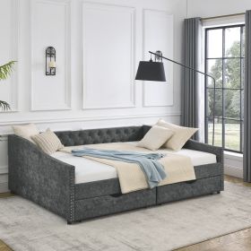 Elegant Queen Size Tufted Daybed with Drawers – Upholstered Sofa Bed with Button Back & Copper Nail Accents in Grey