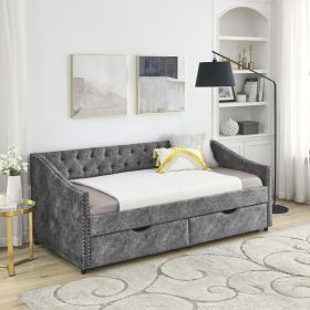 Twin Size Daybed with Drawers Upholstered Tufted Sofa Bed, with Button on Back and Copper Nail on Waved Shape Arms, Grey (81.5''x4''x30.5'')