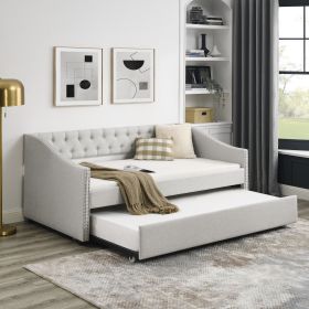 Twin Size Daybed with Twin Size Trundle Upholstered Tufted Sofa Bed, with Button on Back and Copper Nail on Waved Shape Arms, Beige (80.5"x41"x30.5")