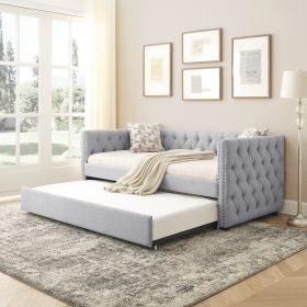 Elegant Grey Tufted Daybed with Trundle & Copper Nail Accents - Twin Size Upholstered Sofa Bed with Square Arms