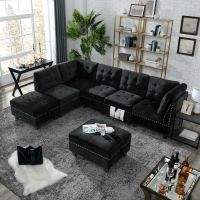 Luxurious L-Shaped Black Velvet Modular Sectional Sofa | DIY Design | 3 Single Chairs, 2 Corner Units & 2 Ottomans